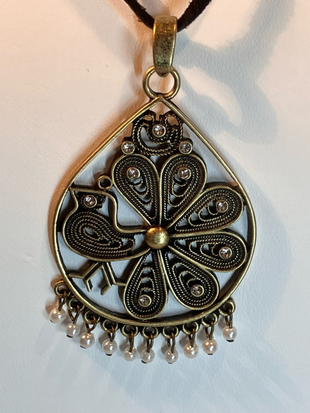 Vintage Bronzetone peacock Pendant - Black Cord ‘Paradise’!
